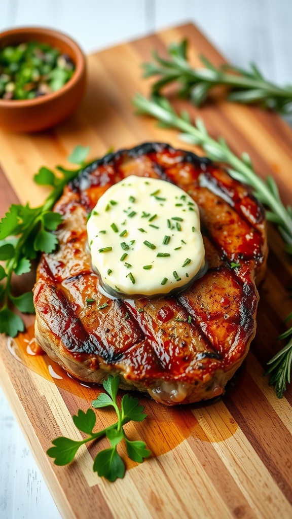 A juicy steak topped with melting garlic herb butter on a cutting board, surrounded by fresh herbs.